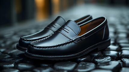Elegant Black Leather Penny Loafers Product Photography