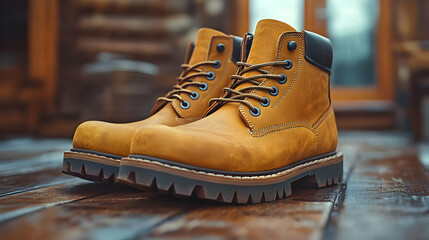Stylish Yellow Leather Boots Product Photography on Wooden Background