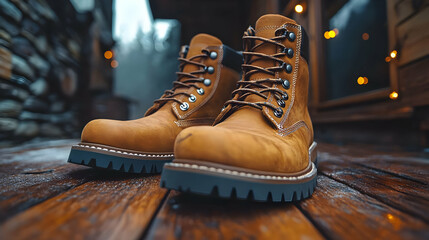Tan Leather Boots on Wooden Deck - Realistic Product Photography
