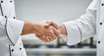 Fototapeta premium Close-up of Two Chefs Shaking Hands in a Modern Kitchen, Partnership and Collaboration Concept
