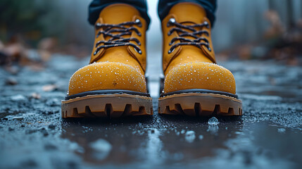 Closeup of Yellow Boots in Puddle Realistic Photo