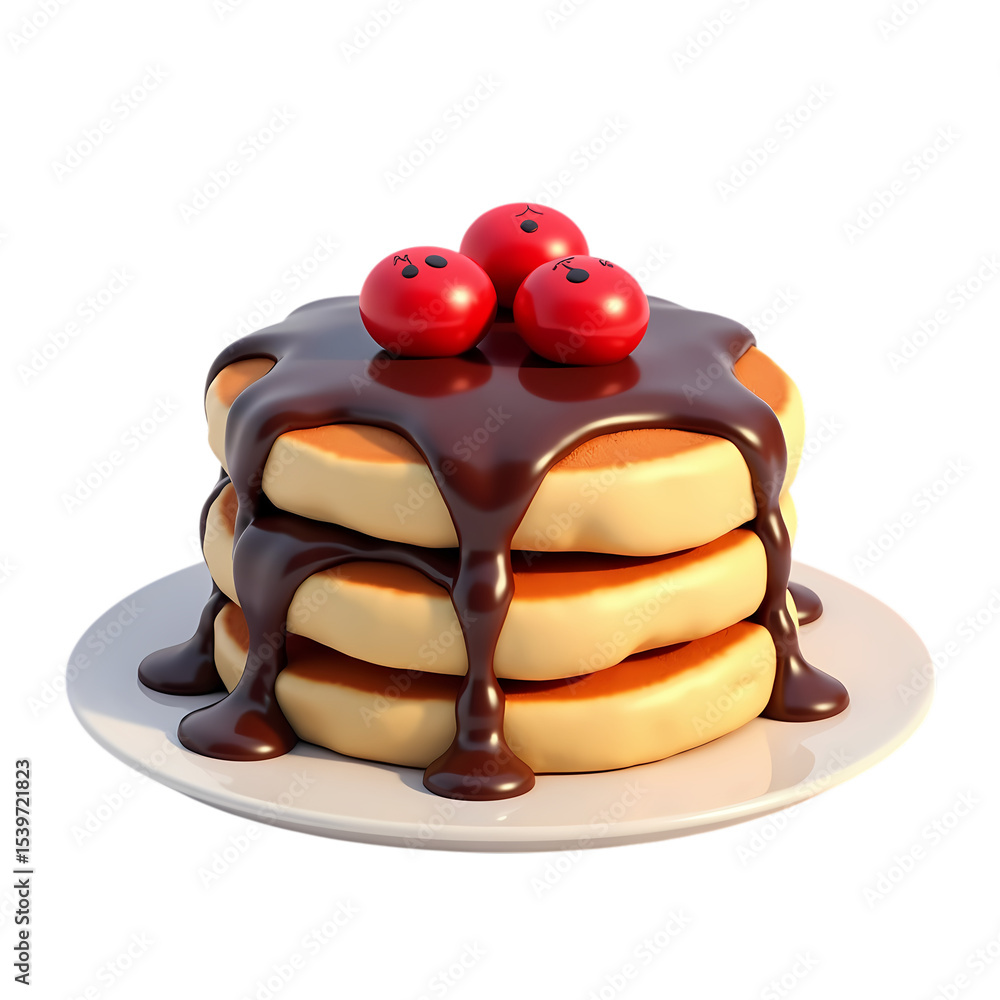 Aufkleber a stack of pancakes with chocolate syrup and red toppings isolated on transparent background