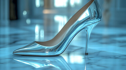Silver High Heel Shoe 3D Render Illustration on Marble Background