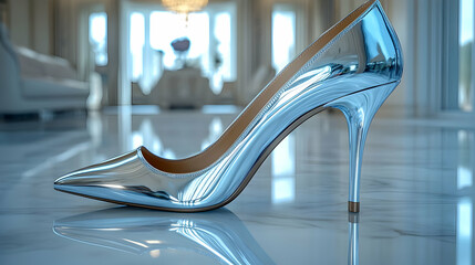 Silver Metallic High Heel Shoe 3D Render Luxurious Interior Background