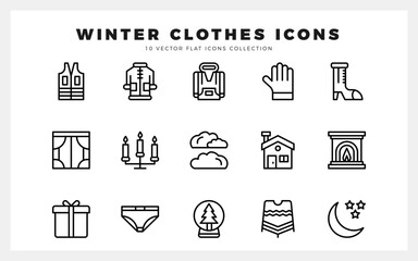 Fototapeta premium 15 Winter Clothes Lineal icons pack. vector illustration.