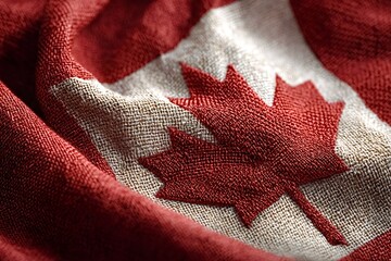 Close up of the canadian flag, highlighting the intricate texture of the fabric and the vibrant red maple leaf, a powerful symbol of national identity and unity