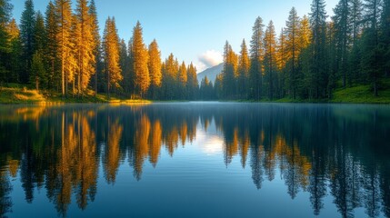 Fototapeta premium Golden sunlight filters through tall pine trees, mirroring their beauty on the calm lake water at dawn
