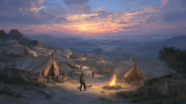 A photorealistic military camp at sunset with tents and soldiers