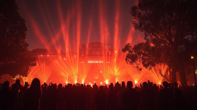 Crowds gather as colorful lasers light up the night sky during an exhilarating concert, creating a magical atmosphere