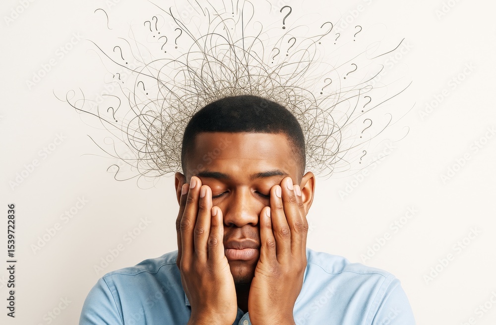 Poster Stressed man with hands on face and chaotic question marks above head symbolizing confusion on light background. Ai generative.