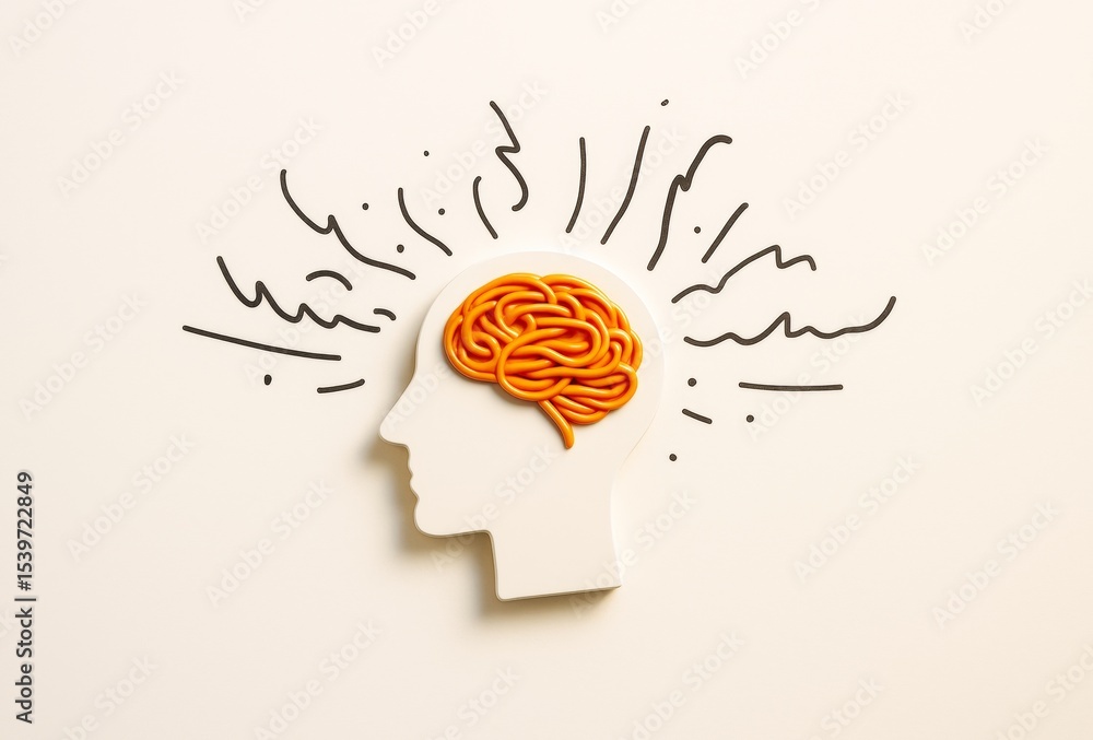 Poster Abstract human head silhouette with stylized brain and dynamic lines on light background symbolizing creativity and mental energy. Ai generative.