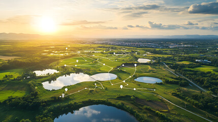 Aerial view of land featuring network markers that indicate land development planning and connectivity, highlighting potential growth areas.