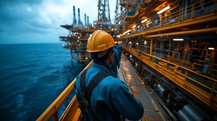 An offshore worker in a yellow hard hat operates amid rig machinery and vast ocean under moody skies