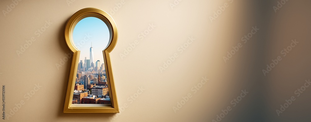 Poster city skyline seen through golden keyhole shaped window on beige wall with clean background and empty