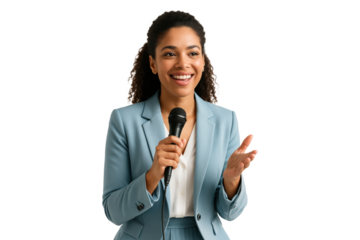 Confident woman in blue business suit speaking with microphone isolated on transparent background
