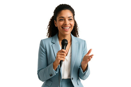 Confident woman in blue business suit speaking with microphone isolated on transparent background