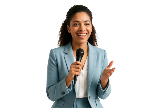 Confident woman in blue business suit speaking with microphone isolated on transparent background - Powered by Adobe