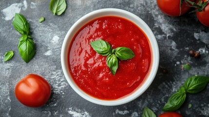 the overhead shot presents a bright red, textured sauce within a white bowl, garnished with several fresh green leaves