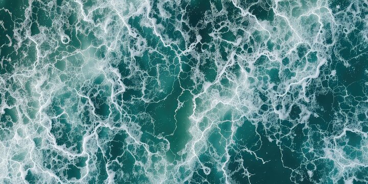 Aerial view of choppy ocean water creating a dynamic pattern of foam on the surface