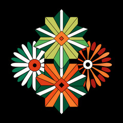 Brutalist geometric flower set with abstract daisy motifs, displayed on a black background, AI Generated