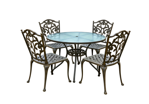 Ornate metal patio table and four chairs isolated on transparent background