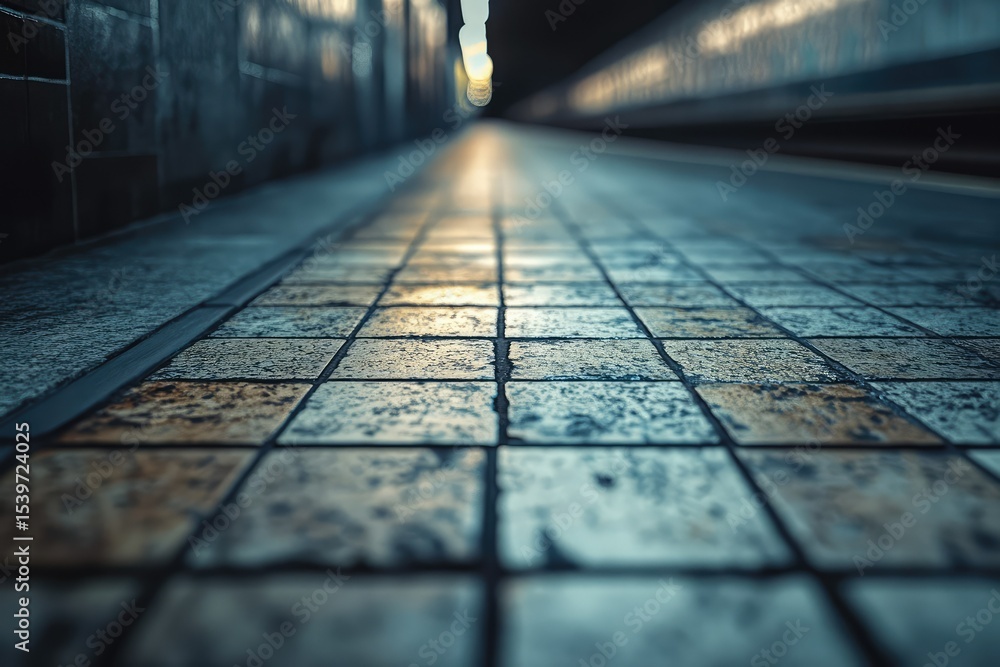 Poster a perspective view of a tiled pathway receding into a dimly lit alleyway.