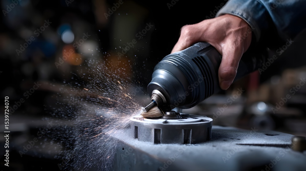 Poster close-up view of a worker using a tool to carefully brush dust off a motor engine part in a detailed