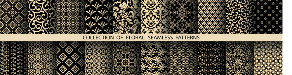 Poster geometric floral set of seamless patterns. golden and black vector backgrounds. damask graphic ornam