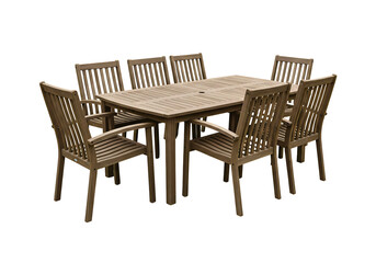 Wooden outdoor dining set six chairs table isolated on transparent background