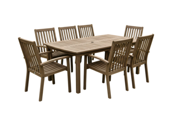 Wooden outdoor dining set six chairs table isolated on transparent background