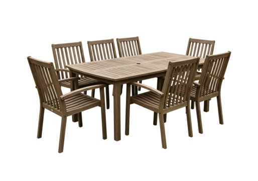Wooden outdoor dining set six chairs table isolated on transparent background