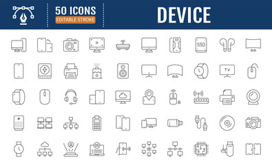 Device line editable icons set. Containing computers,
smart phones, watch, speaker and more. Vector
illustration