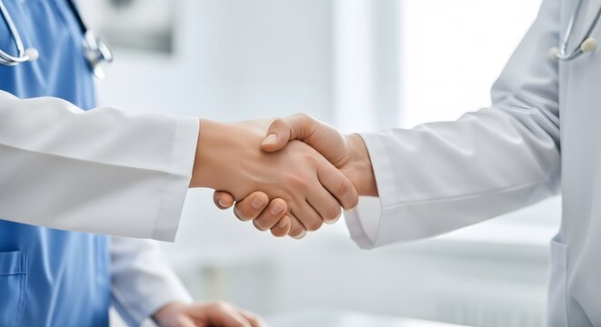 Close-up of Two Doctors Shaking Hands, Teamwork, Healthcare Collaboration, Medical Professionals