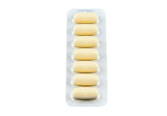 Ten light yellow oval pills in blister pack