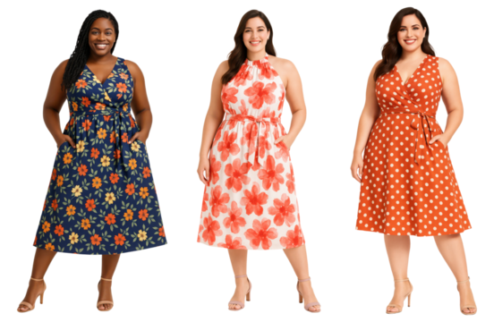 Plus-size women wearing colorful floral and polka dot summer dresses isolated on transparent background