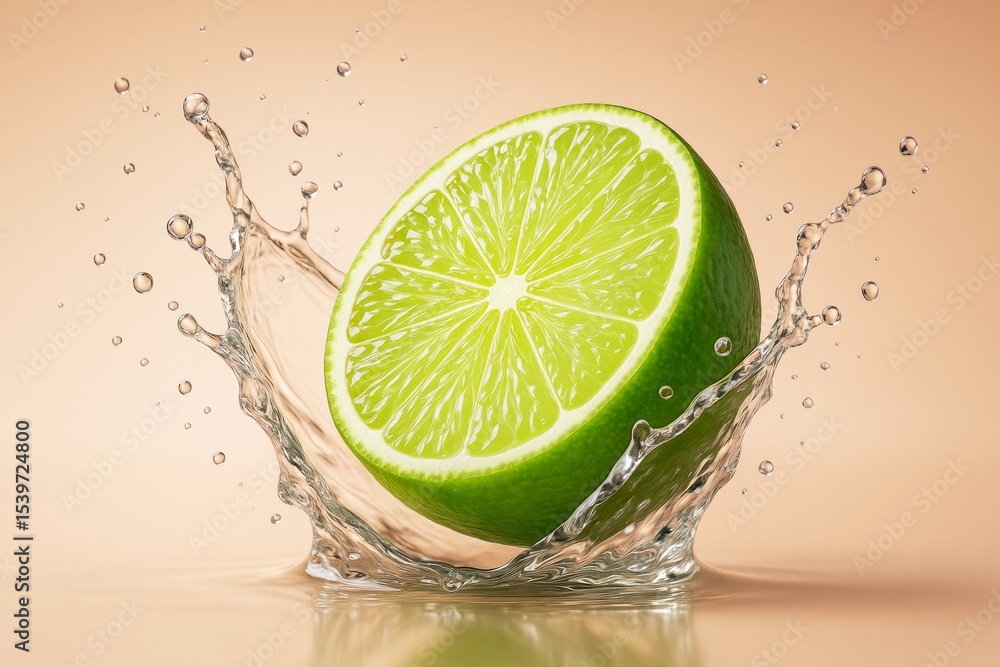 Leinwandbilder fresh lime slice splashing in crystal clear water with vibrant light on a soft peach background. ai 