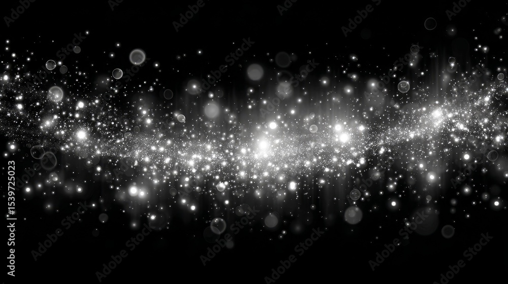 Poster abstract composition of glowing white dots scattered on dark black background, creating a sense of d