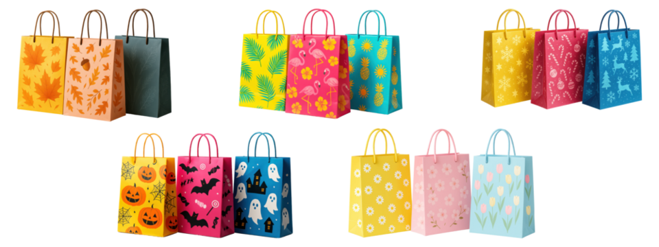 Set of assorted colorful seasonal gift bags with decorative patterns, isolated on transparent background