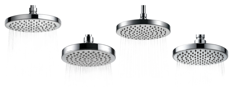 Set of chrome shower heads with water spray isolated on transparent background