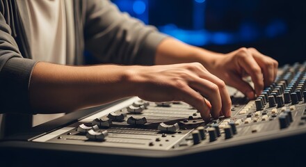 Close-Up of Hands Adjusting Audio Mixing Console Controls in Dark Studio Setting