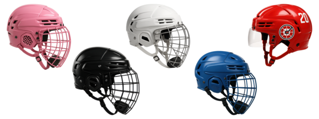 Set of colorful ice hockey helmets isolated on transparent background