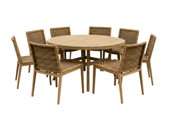 Round teak dining table with eight wicker chairs isolated on transparent background