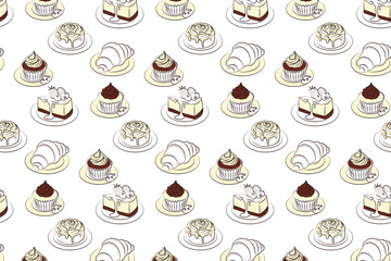 Sweet food seamless pattern. Vector illustrations of desserts - croissant, cinnamon roll, cheesecake with strawberries and blueberries, cupcake with cream. Cute Pastry Background
