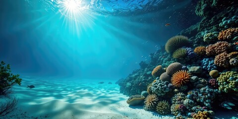 Naklejka premium A vibrant underwater scene featuring colorful coral formations illuminated by sunlight filtering through the ocean's surface