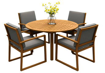 Wooden patio dining set with gray cushions isolated on transparent background