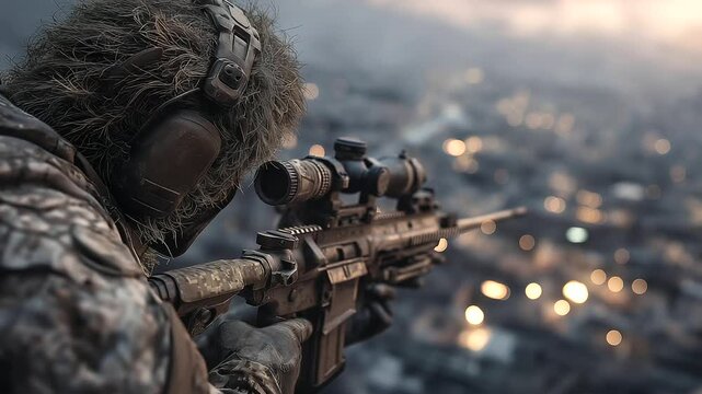 A sniper taking aim from a rooftop with visible muzzle flash