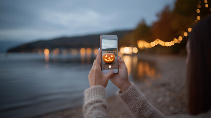 Fototapeta premium Halloween smartphone photography with jack o lantern on mobile screen at evening lakeside