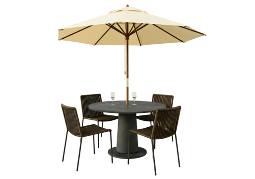 Outdoor patio set with umbrella isolated on transparent background