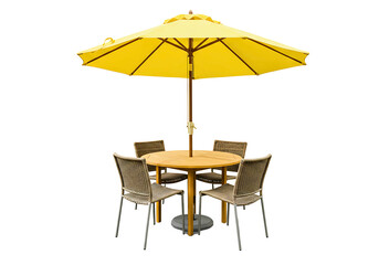 Yellow patio umbrella with wooden table and chairs isolated on transparent background