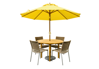 Yellow patio umbrella with wooden table and chairs isolated on transparent background